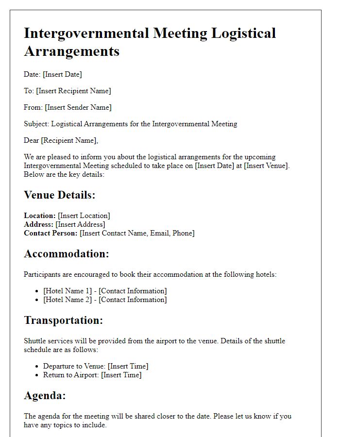 Letter template of intergovernmental meeting logistical arrangements