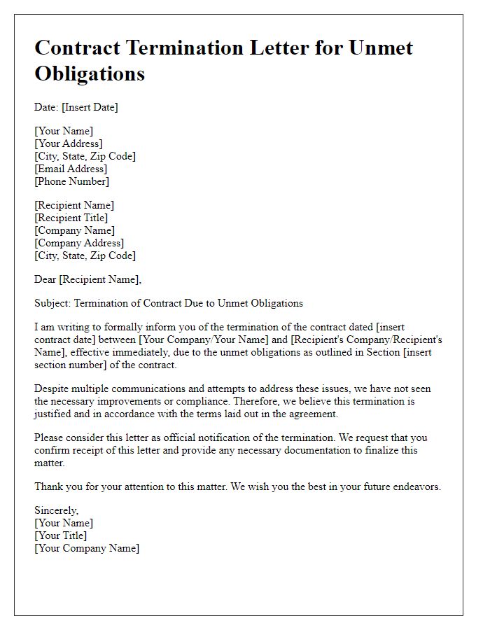 Letter template of Contract Termination Letter for Unmet Obligations