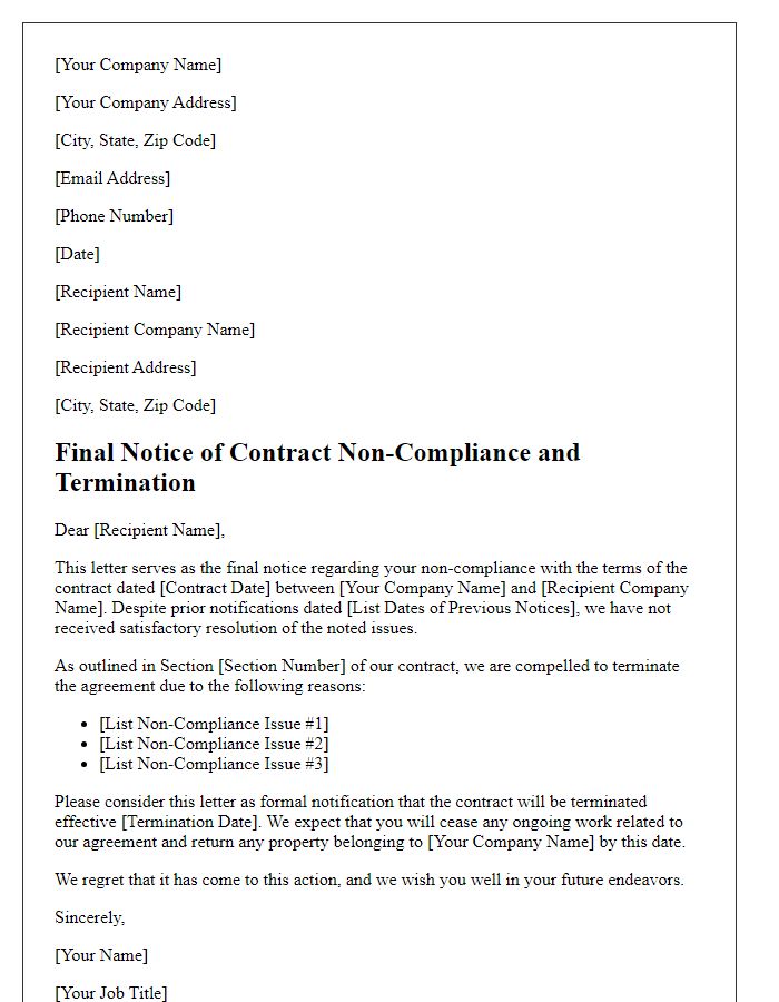 Letter template of Final Notice for Contract Non-Compliance and Termination