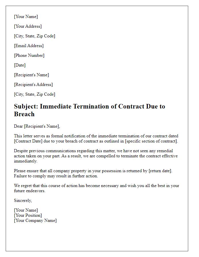 Letter template of Immediate Termination Due to Breach of Contract