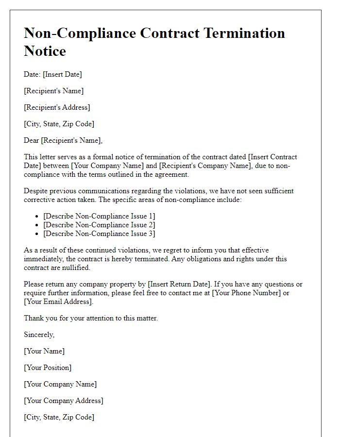 Letter template of Non-Compliance Contract Termination Notice