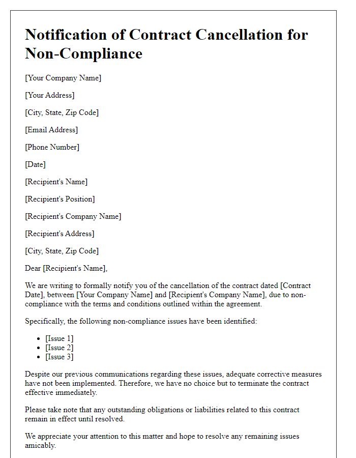 Letter template of Notification of Contract Cancellation for Non-Compliance