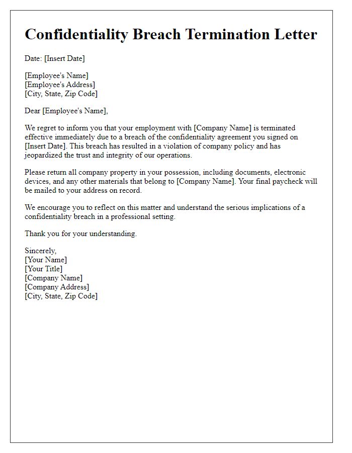 Letter template of Confidentiality Breach Termination Letter