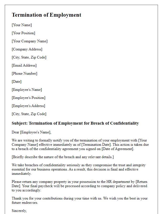 Letter template of Formal Termination for Breach of Confidentiality