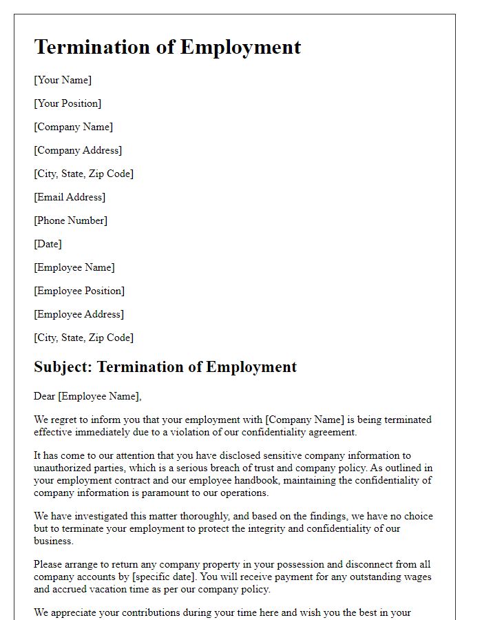 Letter template of Termination Due to Confidentiality Violation