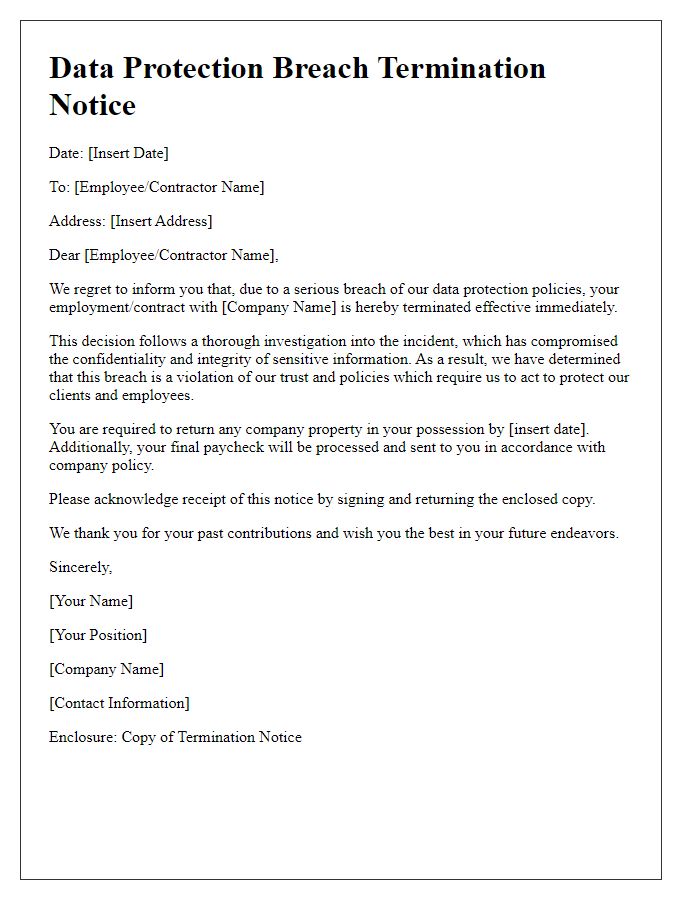 Letter template of data protection breach termination notice