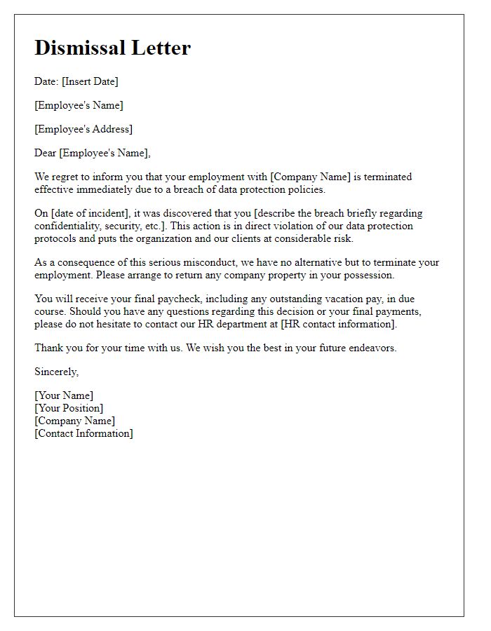 Letter template of dismissal for data protection breach