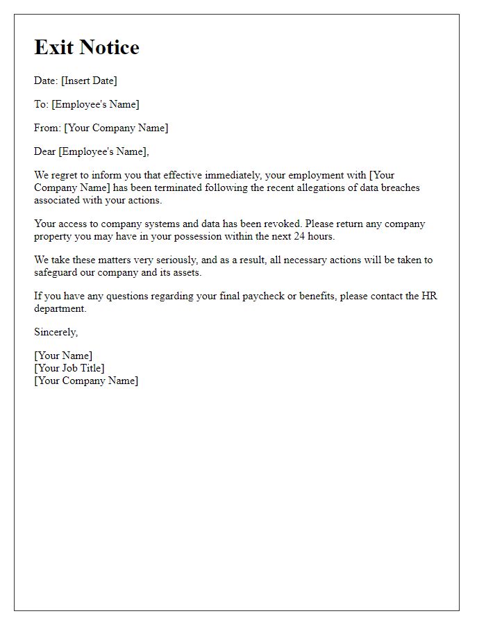 Letter template of exit notice after data breach allegations