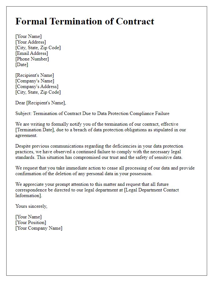 Letter template of formal termination in response to data protection failure