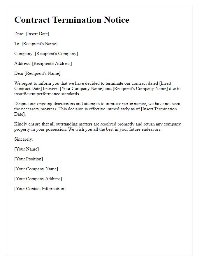 Letter template of contract termination due to insufficient performance standards.