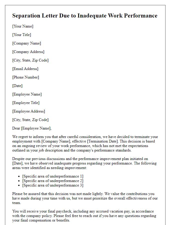 Letter template of separation due to inadequate work performance.