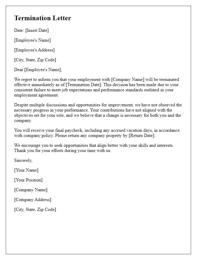 Letter template of termination for failing to meet job expectations.