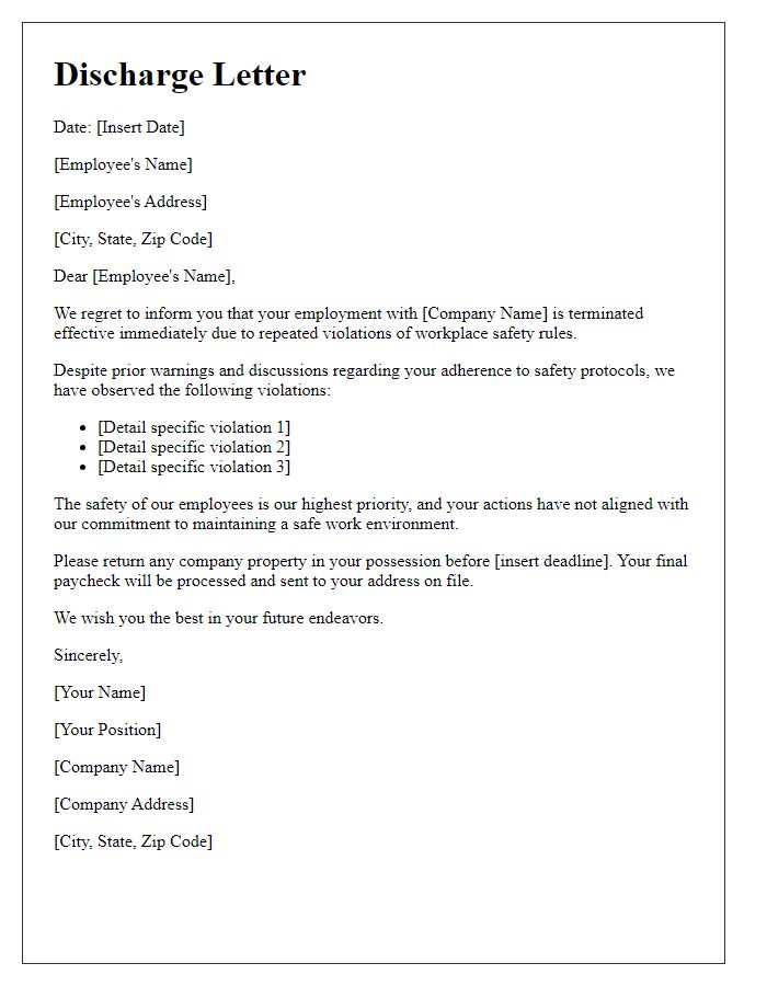 Letter template of discharge for violation of workplace safety rules.