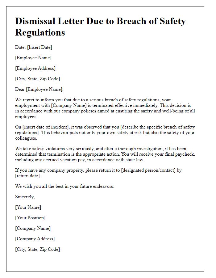 Letter template of dismissal due to breach of safety regulations.