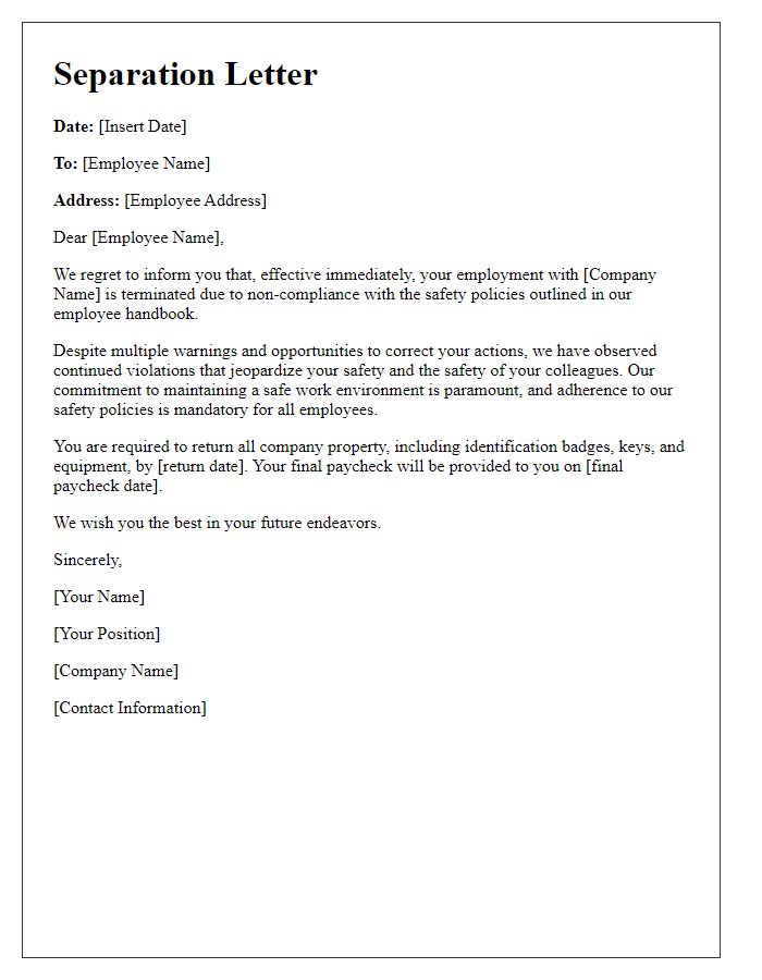 Letter template of separation letter for safety policy non-compliance.