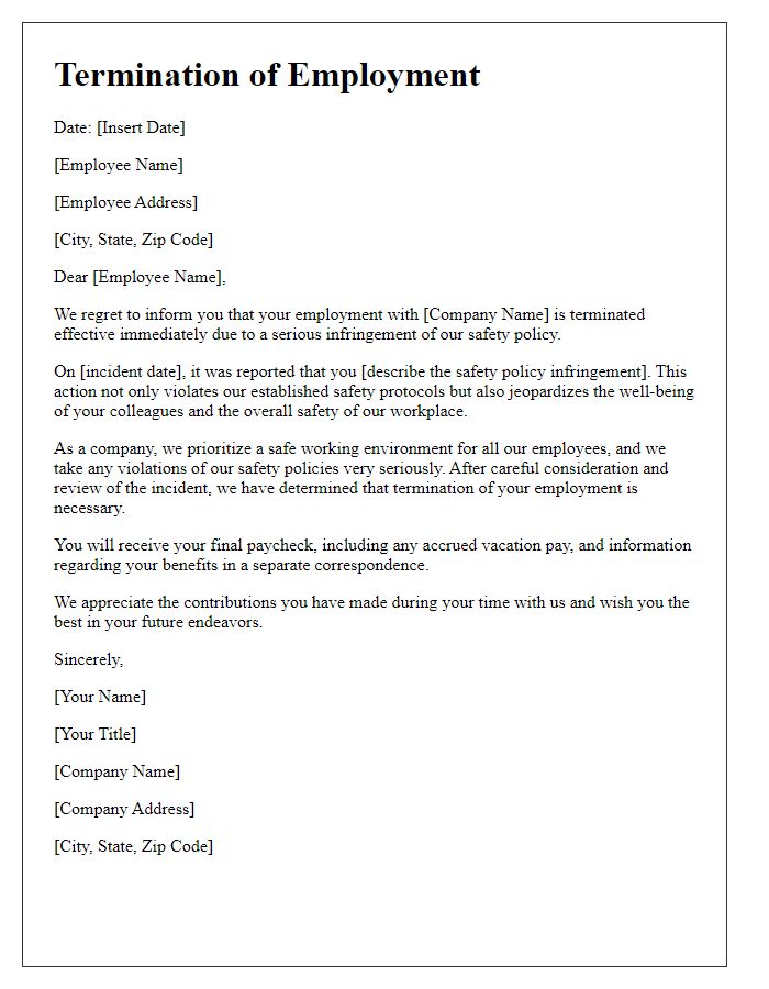 Letter template of termination based on safety policy infringement.