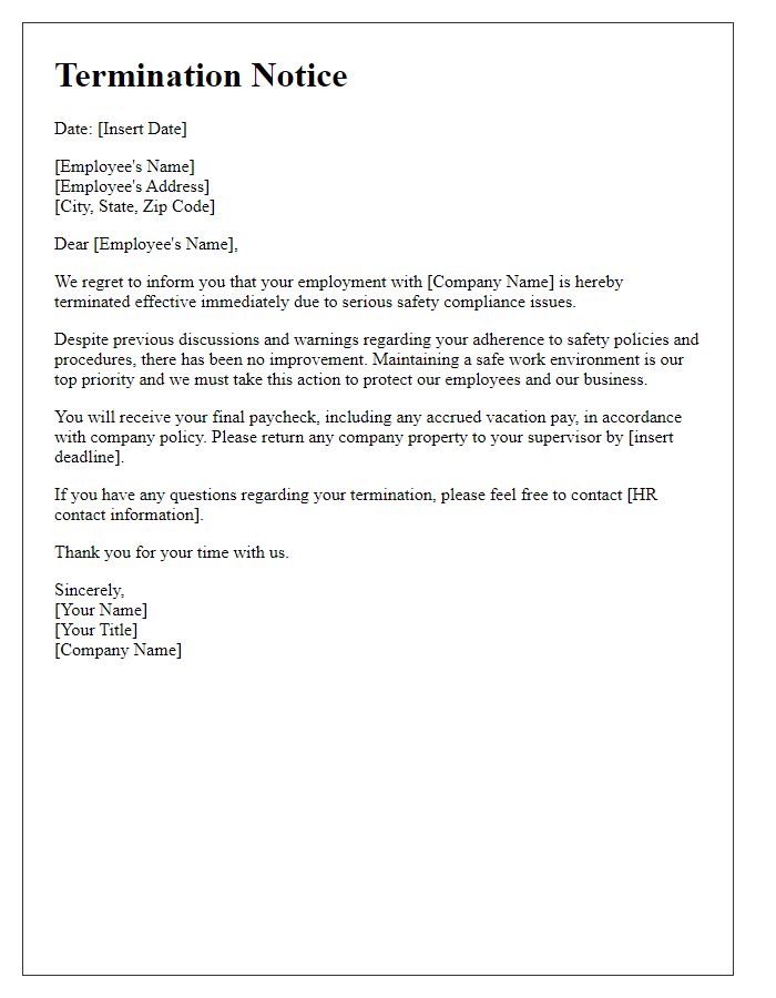 Letter template of termination notice for safety compliance issues.