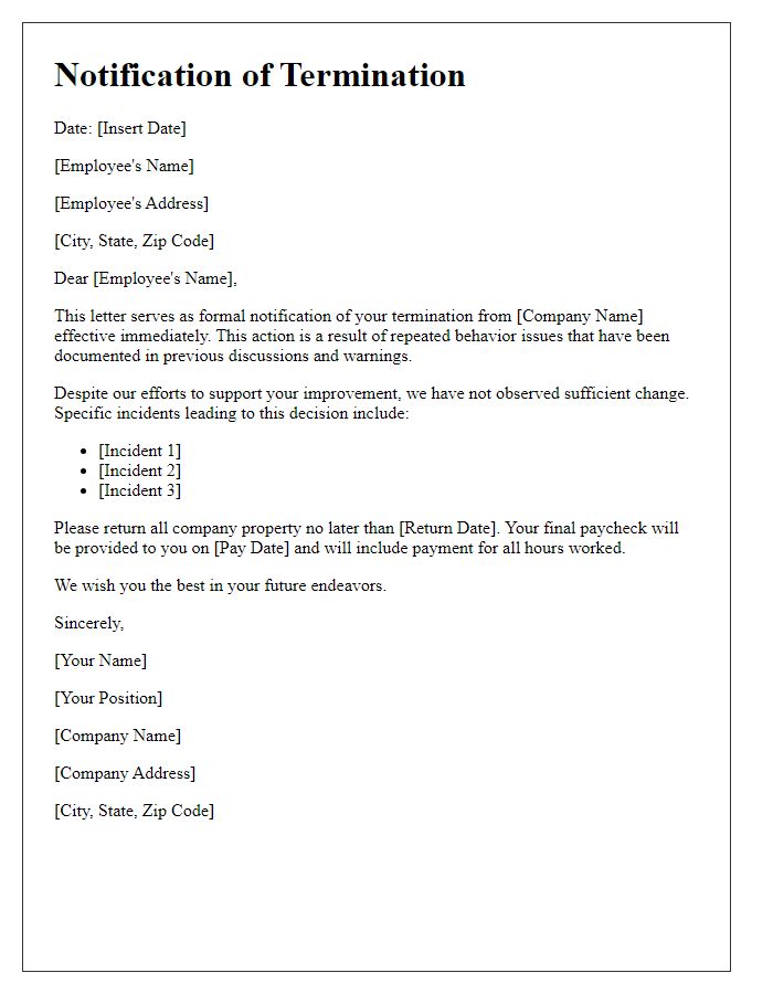 Letter template of notification of termination for behavior issues