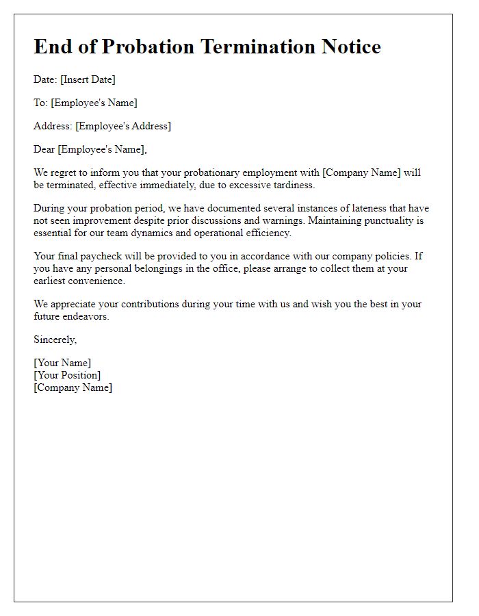 Letter template of end of probation termination notice for excessive tardiness