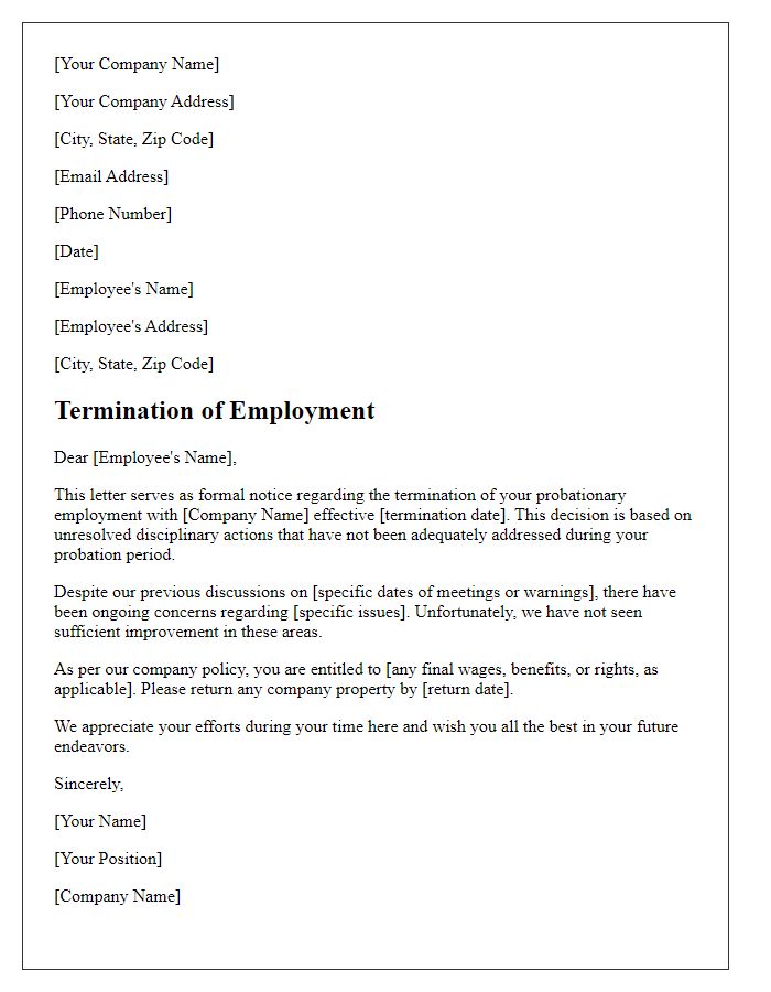 Letter template of end of probation termination notice for unresolved disciplinary actions