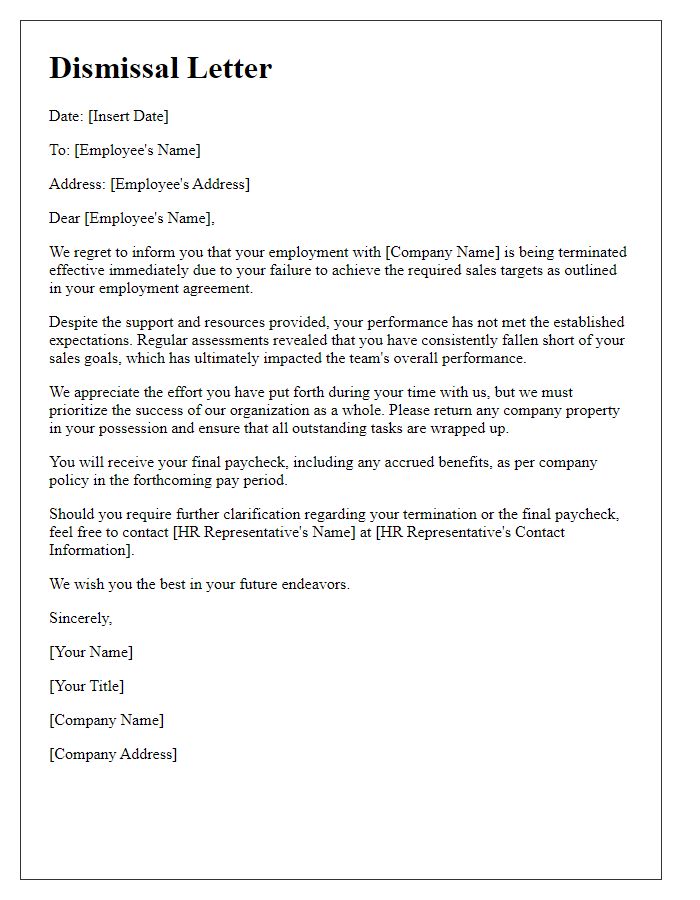 Letter template of dismissal for failure to achieve sales targets.