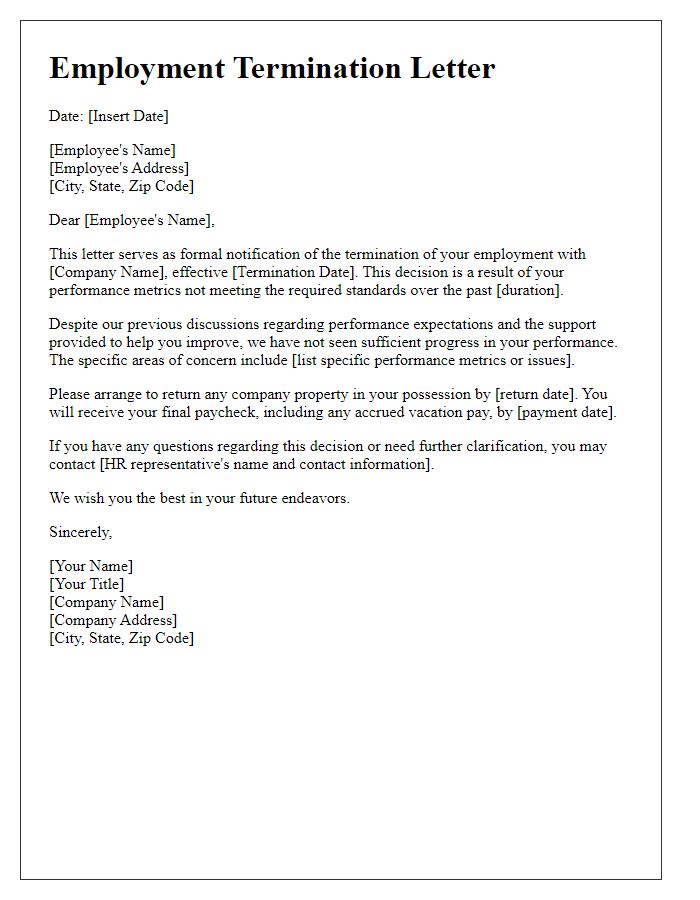 Letter template of employment termination due to unsuccessful performance metrics.