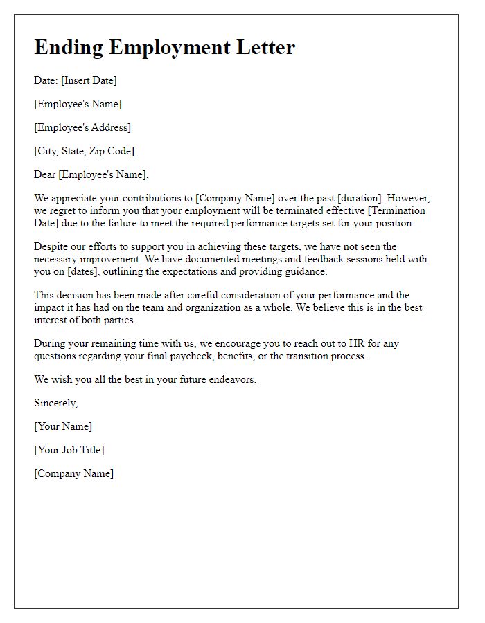 Letter template of ending employment for lack of target achievement.