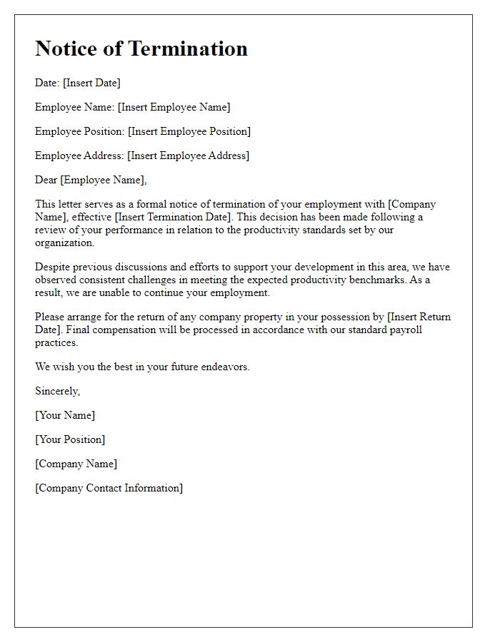 Letter template of notice for termination over unmet productivity standards.