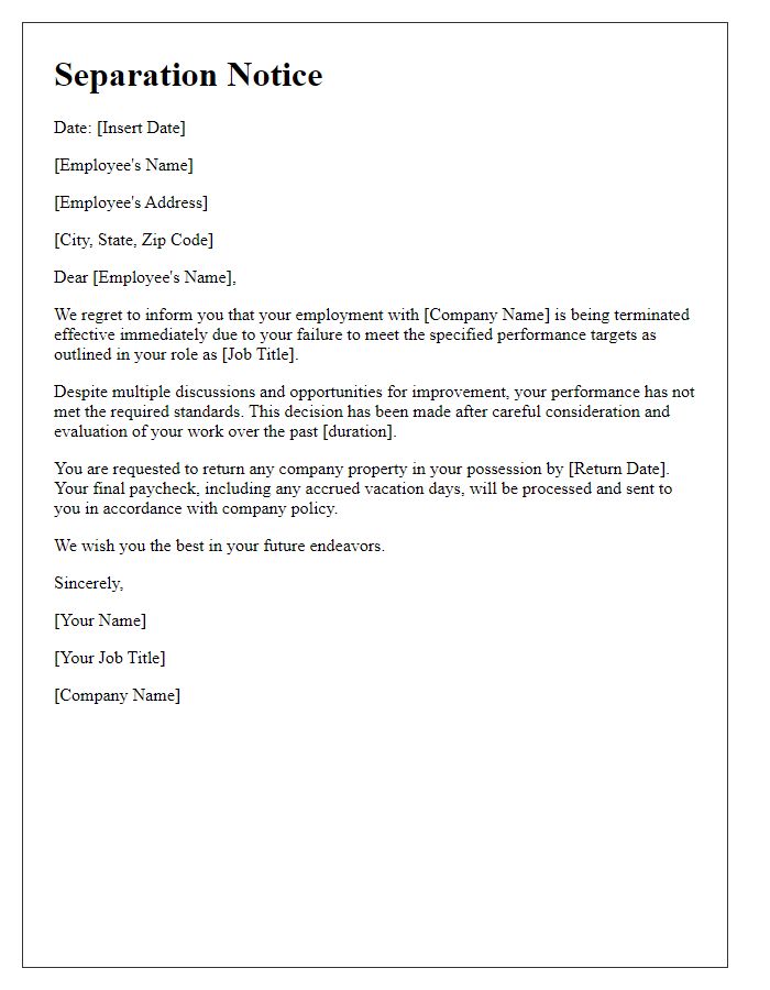 Letter template of separation notice for failure to meet specified targets.