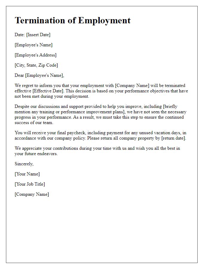 Letter template of termination due to unmet performance objectives.