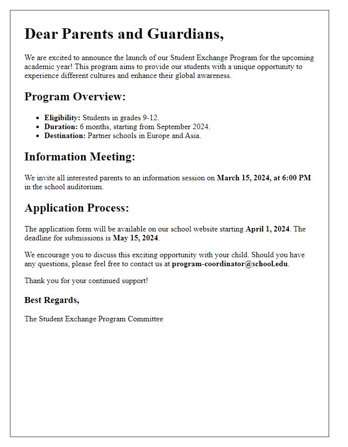 Letter template of Student Exchange Program Announcement for Parents