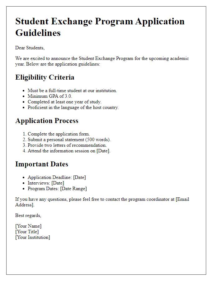 Letter template of Student Exchange Program Application Guidelines