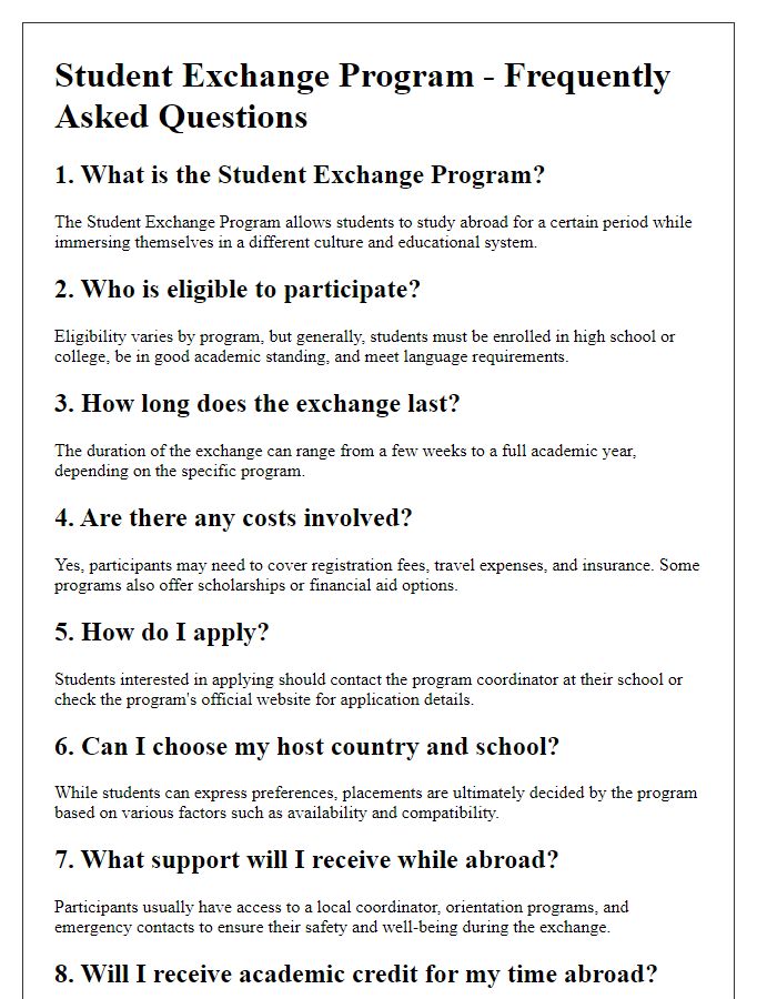 Letter template of Student Exchange Program Frequently Asked Questions