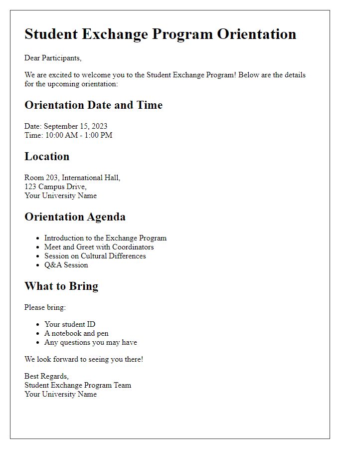 Letter template of Student Exchange Program Orientation Details