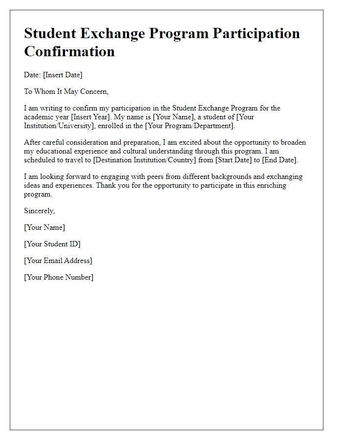 Letter template of Student Exchange Program Participation Confirmation