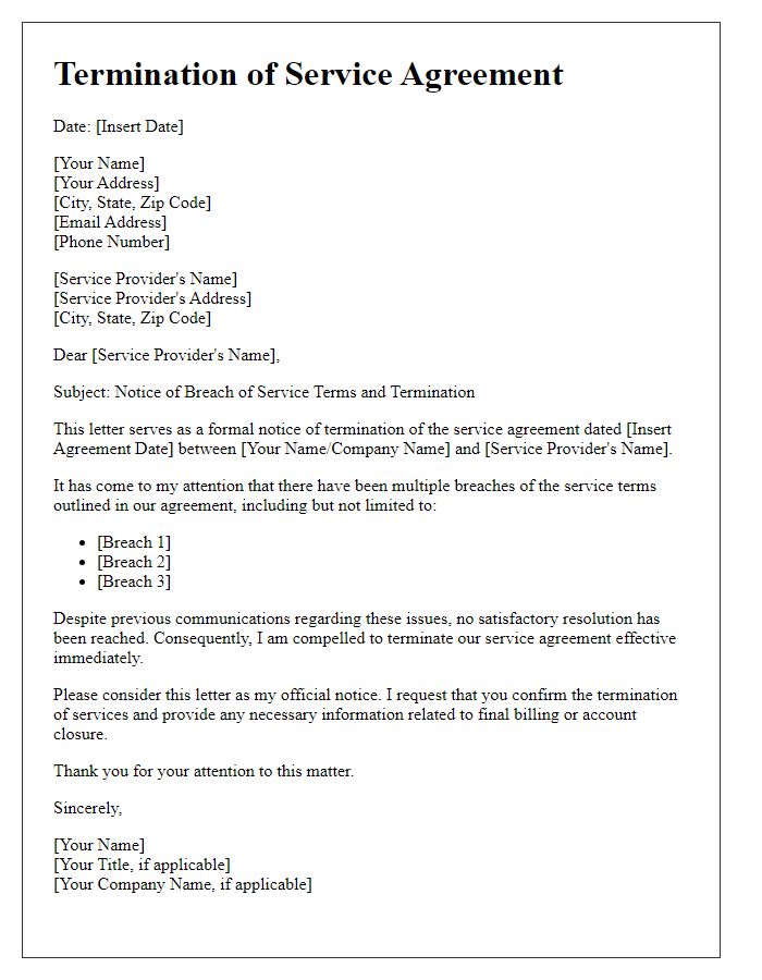 Letter template of breach of service terms and termination letter