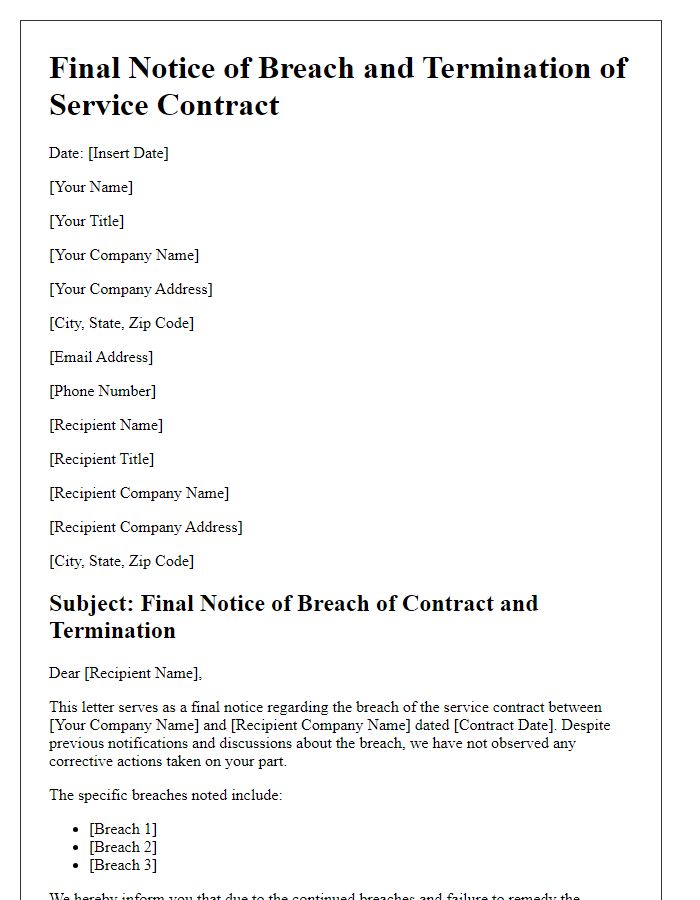 Letter template of final notice for service contract breach and termination