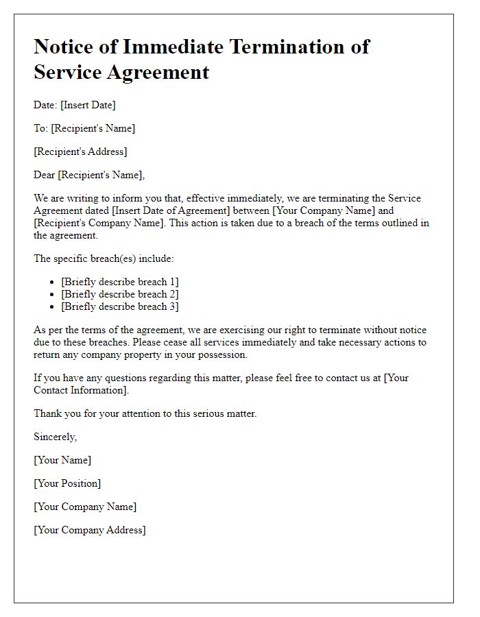 Letter template of immediate termination of service agreement for breach