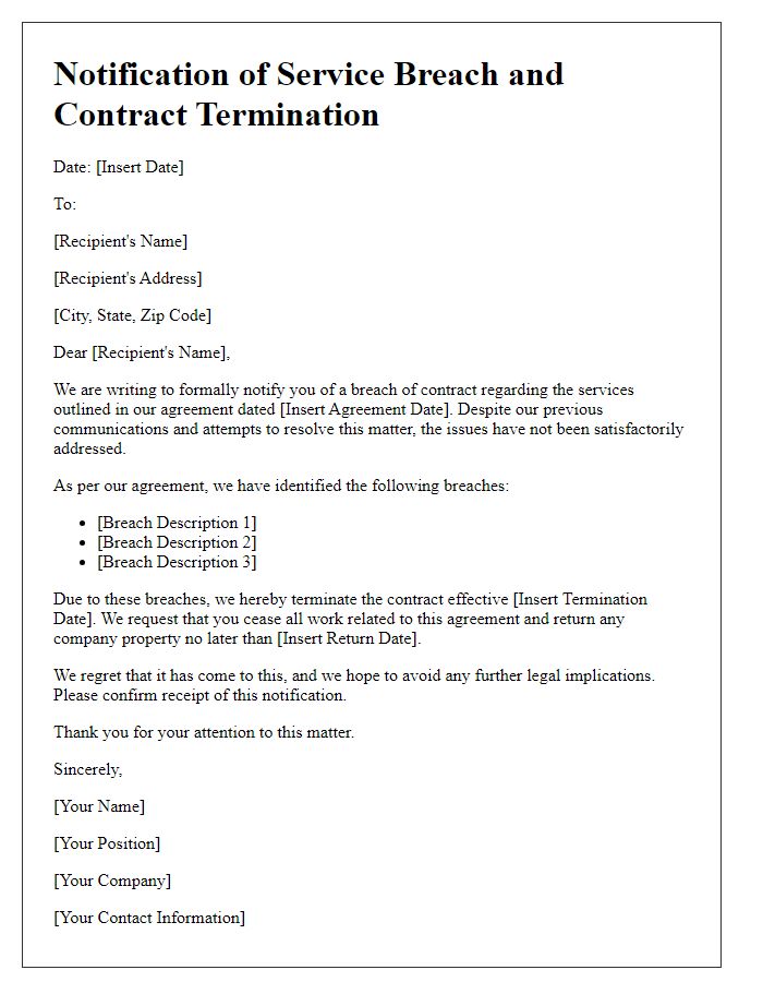 Letter template of notification for service breach and contract termination