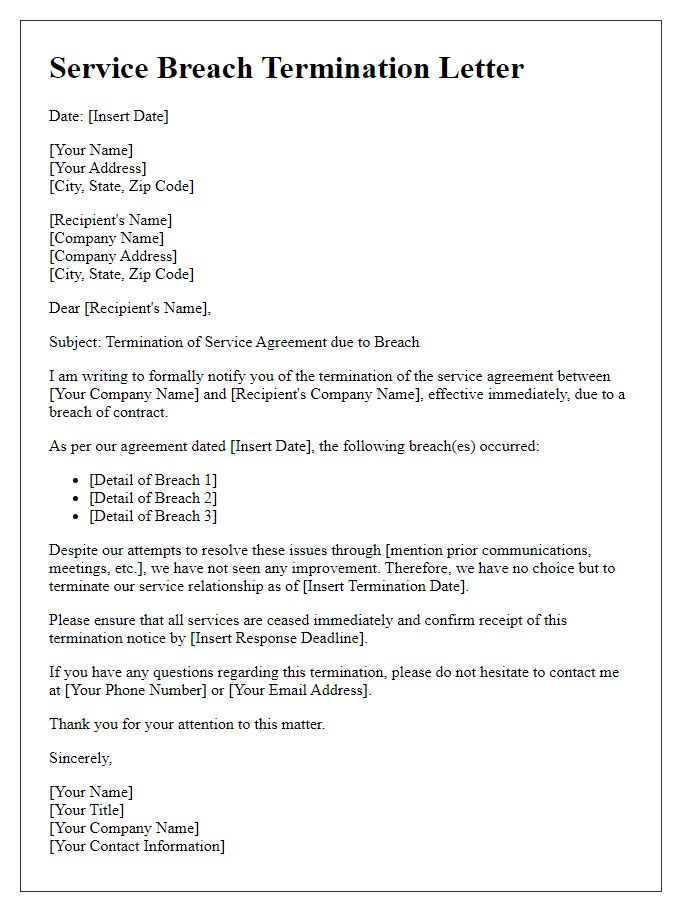 Letter template of service breach termination with detailed explanation