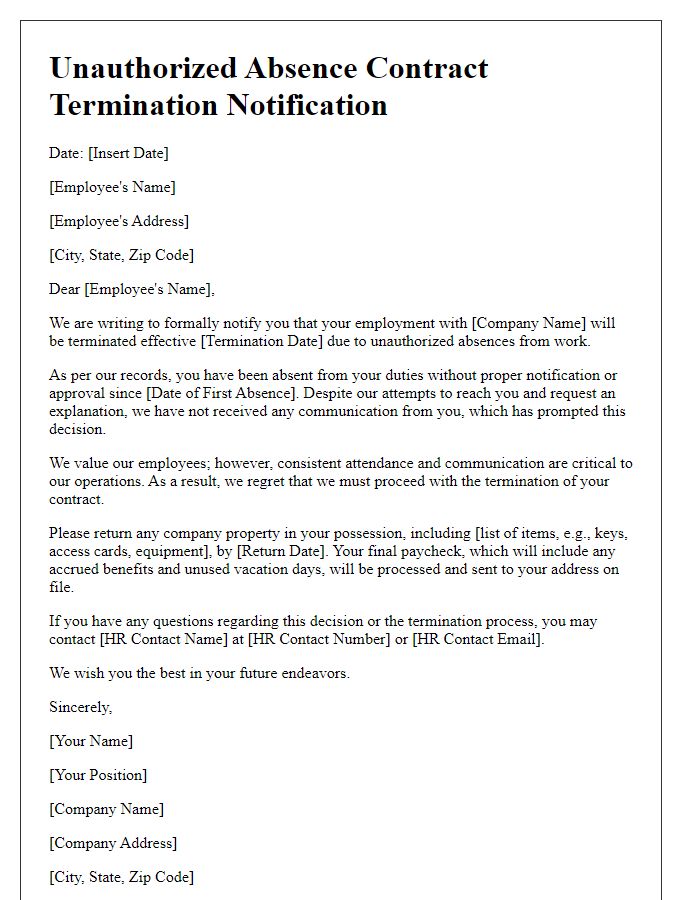 Letter template of unauthorized absence contract termination notification