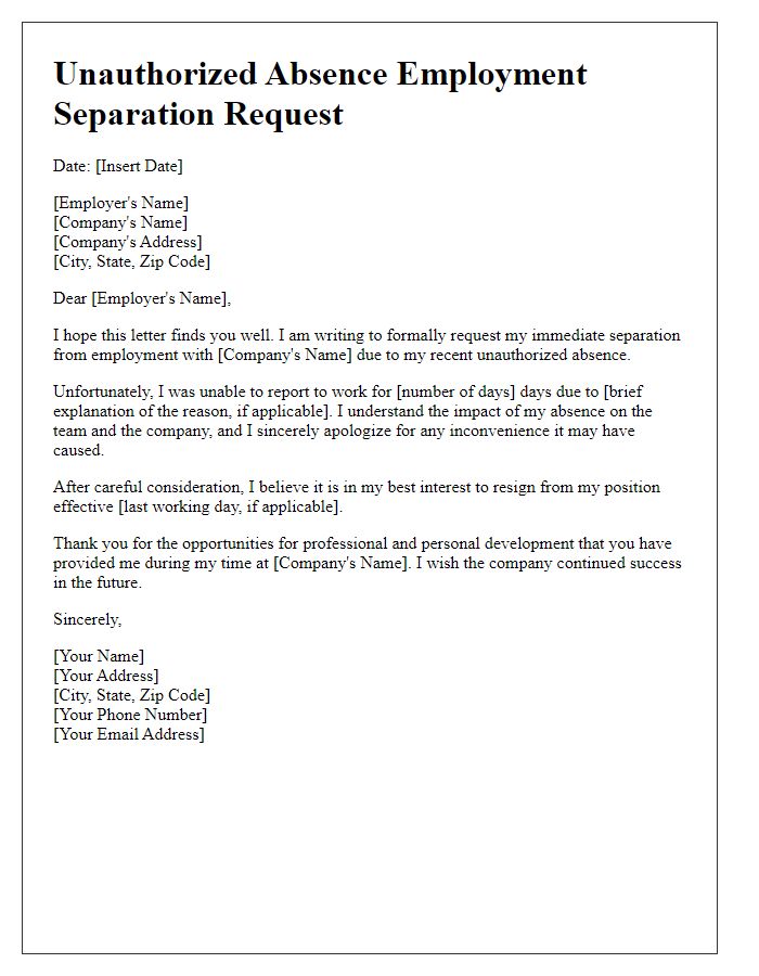 Letter template of unauthorized absence employment separation request