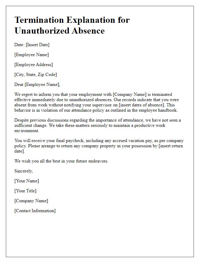 Letter template of unauthorized absence termination explanation