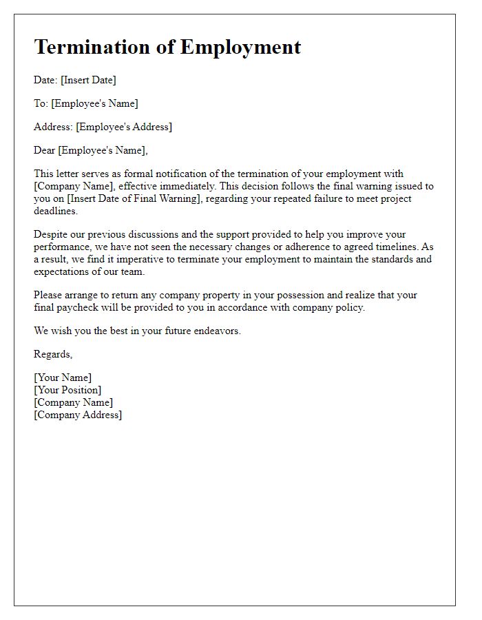 Letter template of termination after final warning for not meeting deadlines