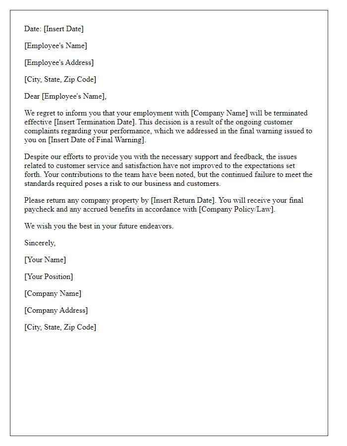 Letter template of termination after final warning regarding customer complaints