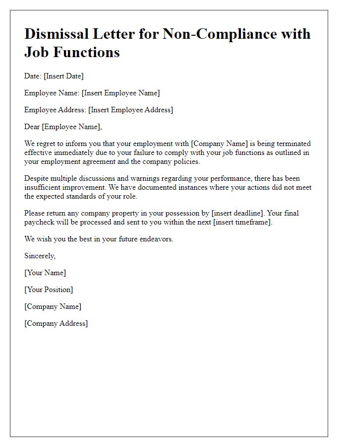 Letter template of dismissal letter for non-compliance with job functions.