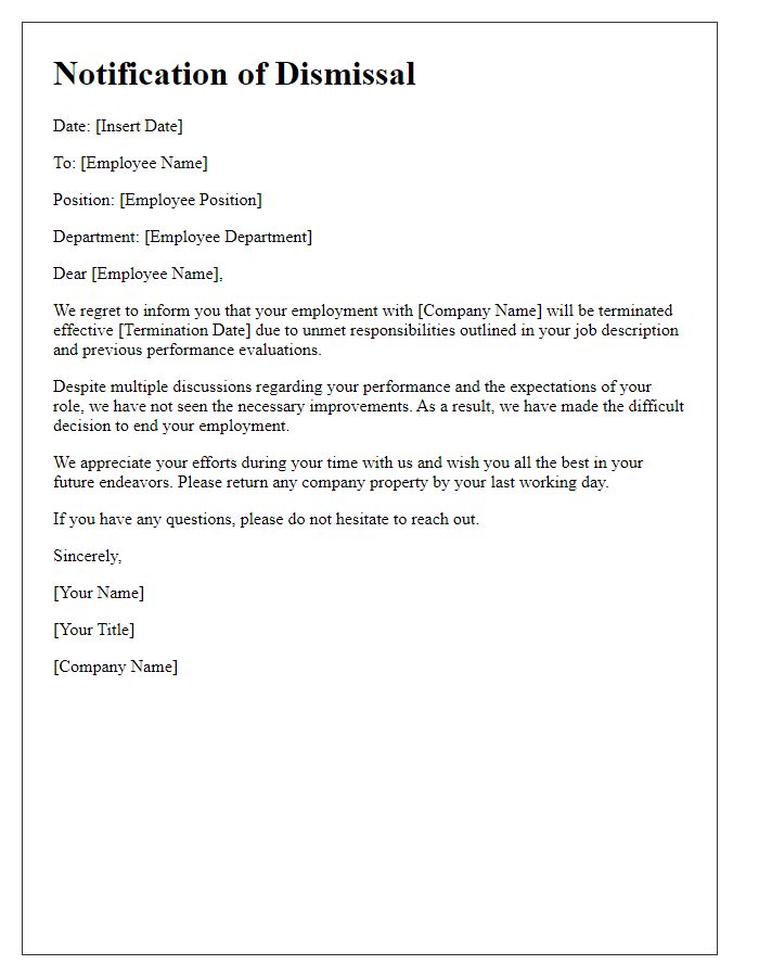 Letter template of notification for dismissal for unmet responsibilities.