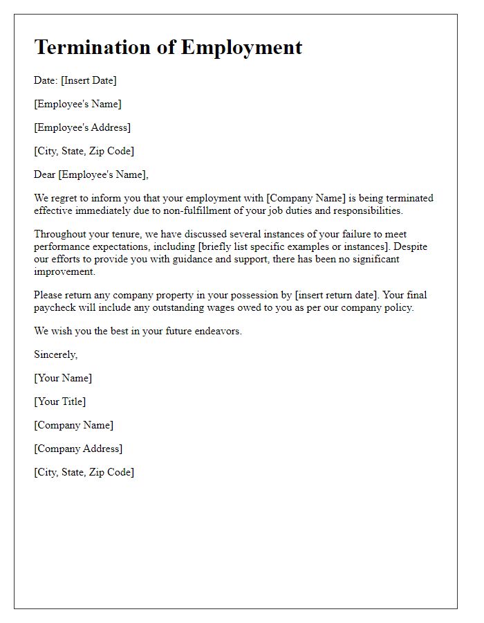 Letter template of termination due to non-fulfillment of duties.