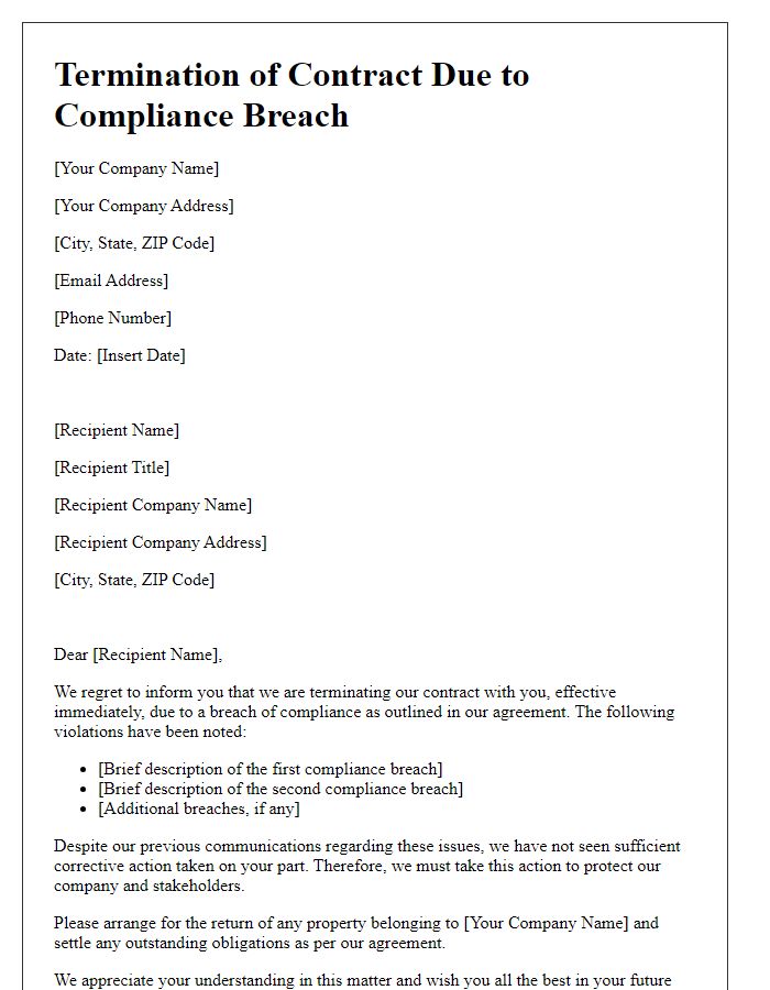 Letter template of Compliance Breach Termination Letter