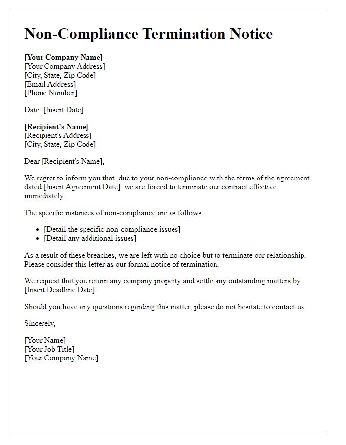 Letter template of Non-Compliance Termination Notice